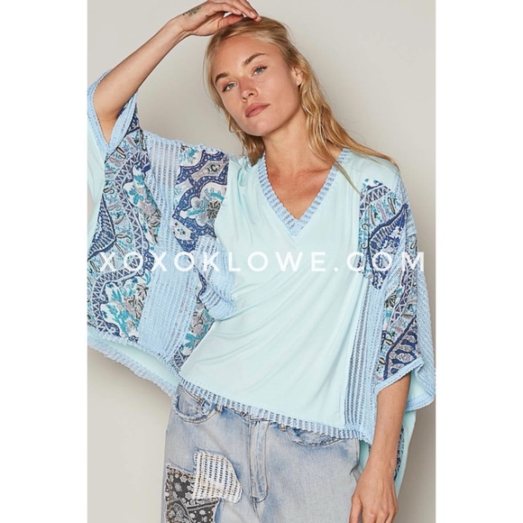 POL Blue Boho Print + Sheer Knit V Neck Rayon Jersey Top - Picture 8 of 9